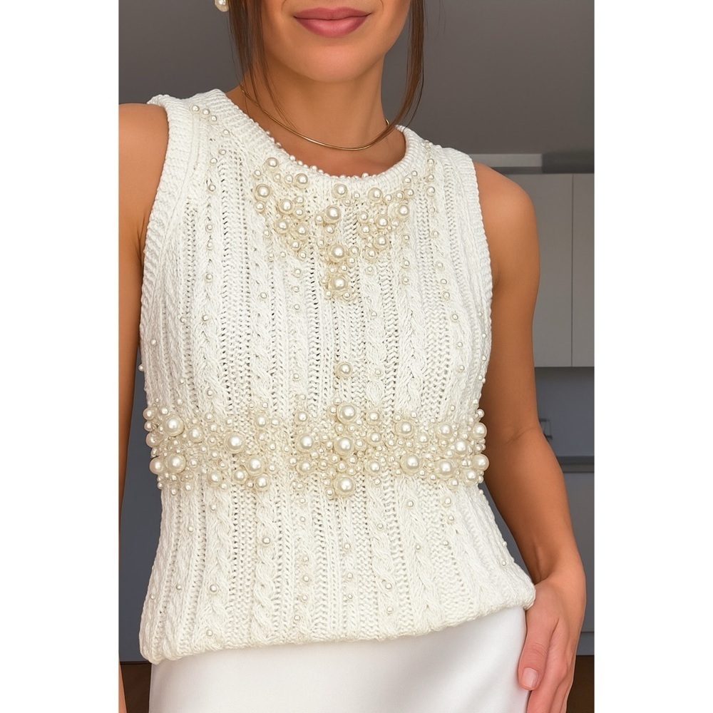 Zara Women Small White Pearl Embellished Knit Tank Sleeveless Blouse Elegant